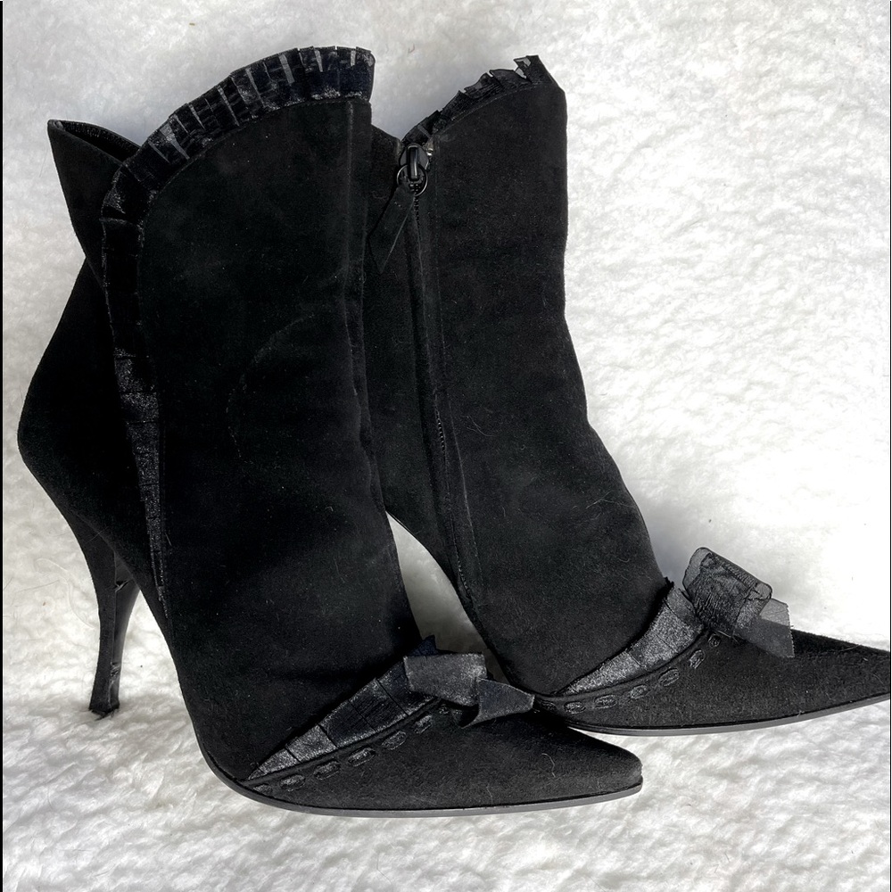 Casadei  suede booties with bows and ruffle trim